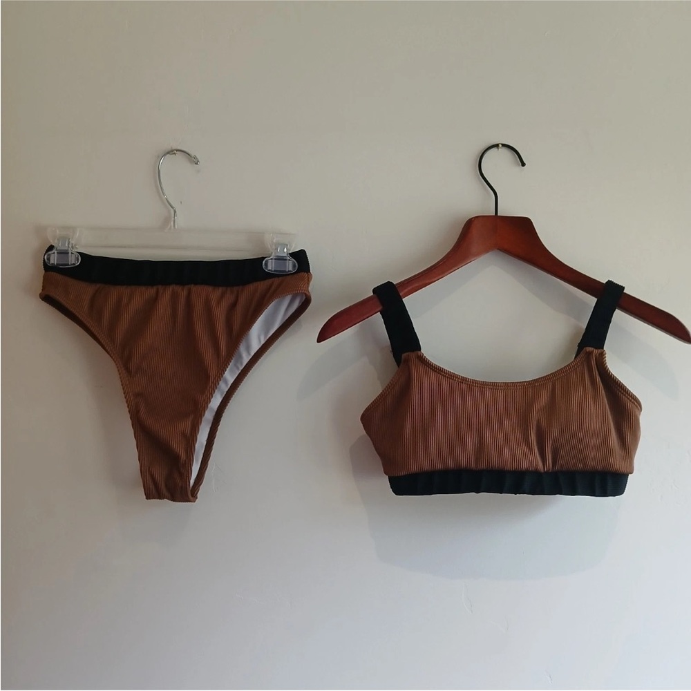 SHEIN Bikini Set Large Brown & Black Colorblock Ribbed Cheeky Swimwear Swimsuit